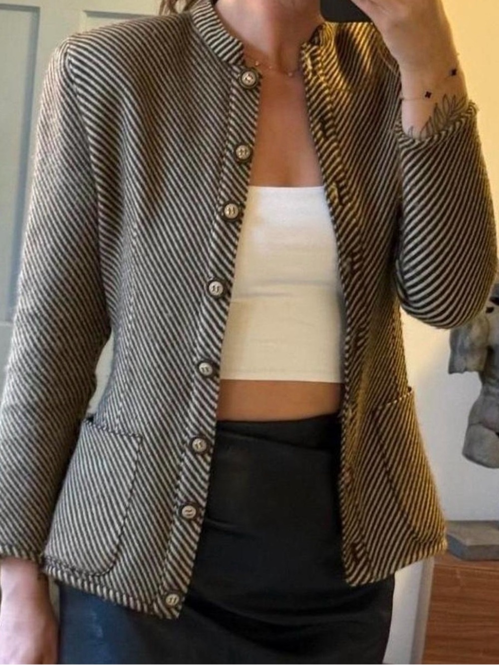 Valentino dark brown and cream Striped Collarless Button Jacket